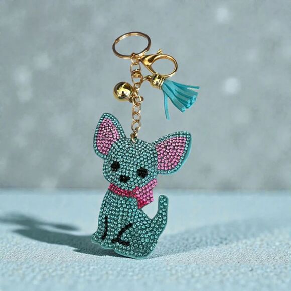 unknown Accessories - Cute Cartoon Chihuahua Keychain Rhinestone Key Chain Turquoise